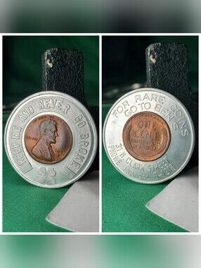 Encased 1957 lucky wheat cent, good Luck advertising token
